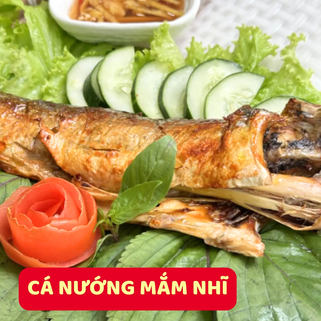 Cá nướng sốt mắm nhĩ mặn mà, ăn kèm bún, rau sống