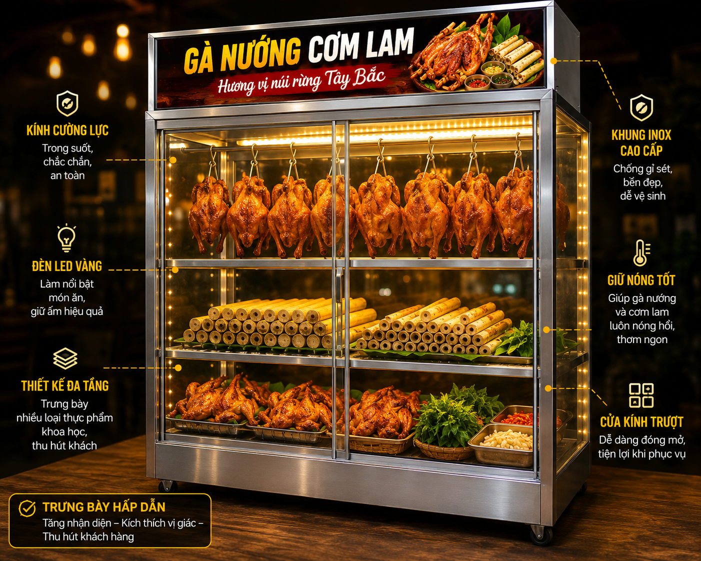Tủ kính trưng bày thực phẩm, thu hút khách từ xa