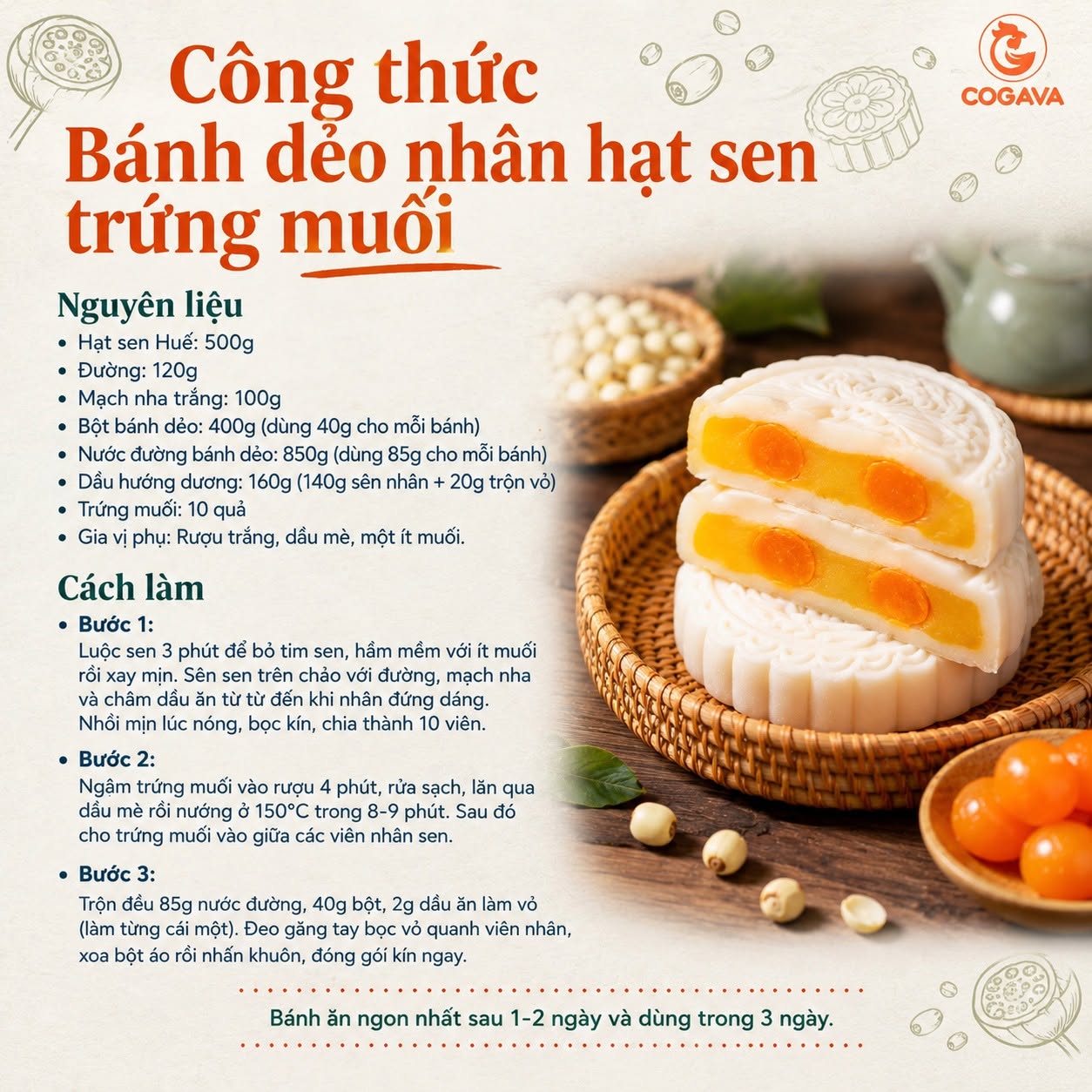 Công thức làm bánh trung thu 2026 nhân hạt sen trứng muối