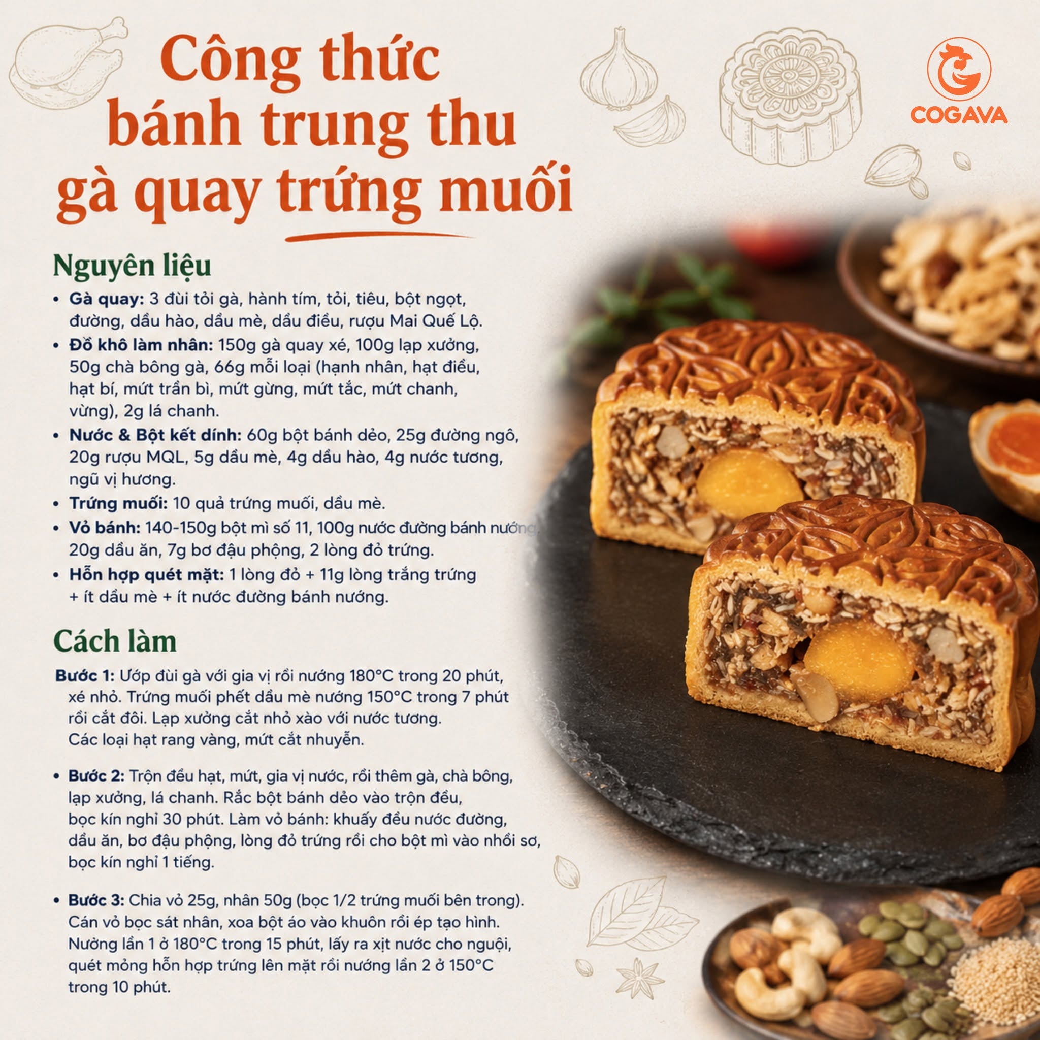 Công thức làm bánh trung thu 2026 nhân gà quay trứng muối